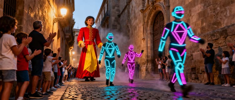 Pasacalles itinerante con zancudos y vestuario tematico recorriendo Las Ramblas durante La Mercè en Barcelona