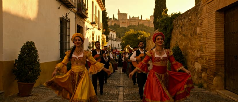 Pasacalles itinerante con zancudos y carroza de espectaculo recorriendo la calle Gran Vía de Colón de Granada durante las Fiestas del Corpus Christi