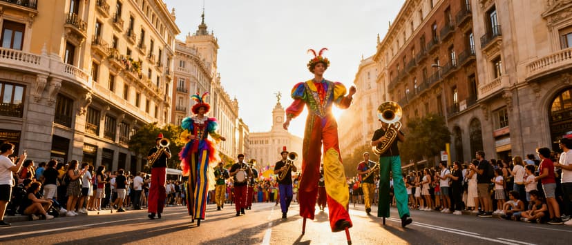 Pasacalles itinerante con zancudos y carroza de espectaculo cruzando las calles de Madrid durante las fiestas patronales