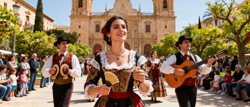 Pasacalles itinerante zancudos y carroza de espectaculo cruzando las calles del centro de Murcia durante las Fiestas de Primavera