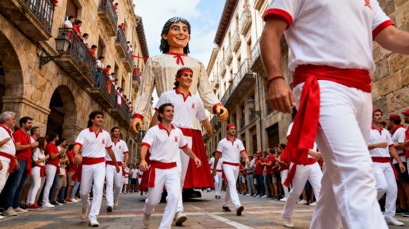 Pasacalles itinerante con zancudos gigantes y cabezudos recorriendo la Calle Estafeta de Pamplona durante San Fermin