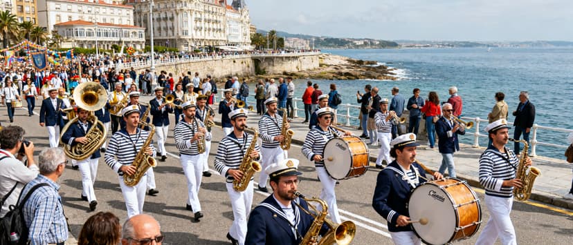 Pasacalles itinerante con zancudos y carroza de espectaculo recorriendo El Sardinero durante la Semana Grande de Santander