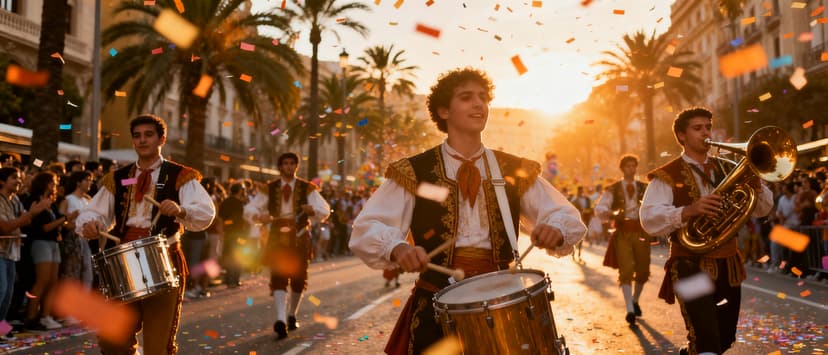 Pasacalles temático con zancudos y performers iluminados recorriendo las calles del casco antiguo de Valencia durante las Fallas