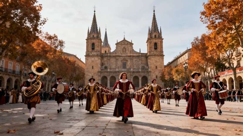 Pasacalles itinerante con zancudos y carrozas cruzando la Plaza Mayor de Valladolid durante las fiestas de la Virgen de San Lorenzo