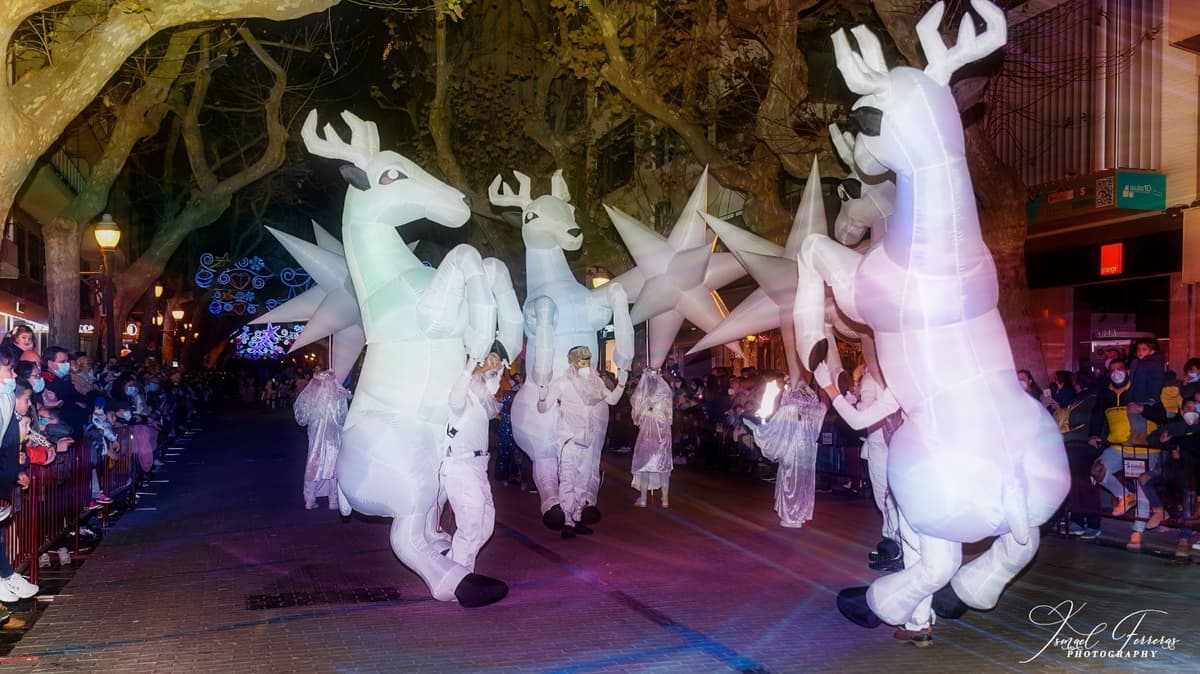 Renos hinchables iluminados en blanco caminando por una calle nocturna con árboles