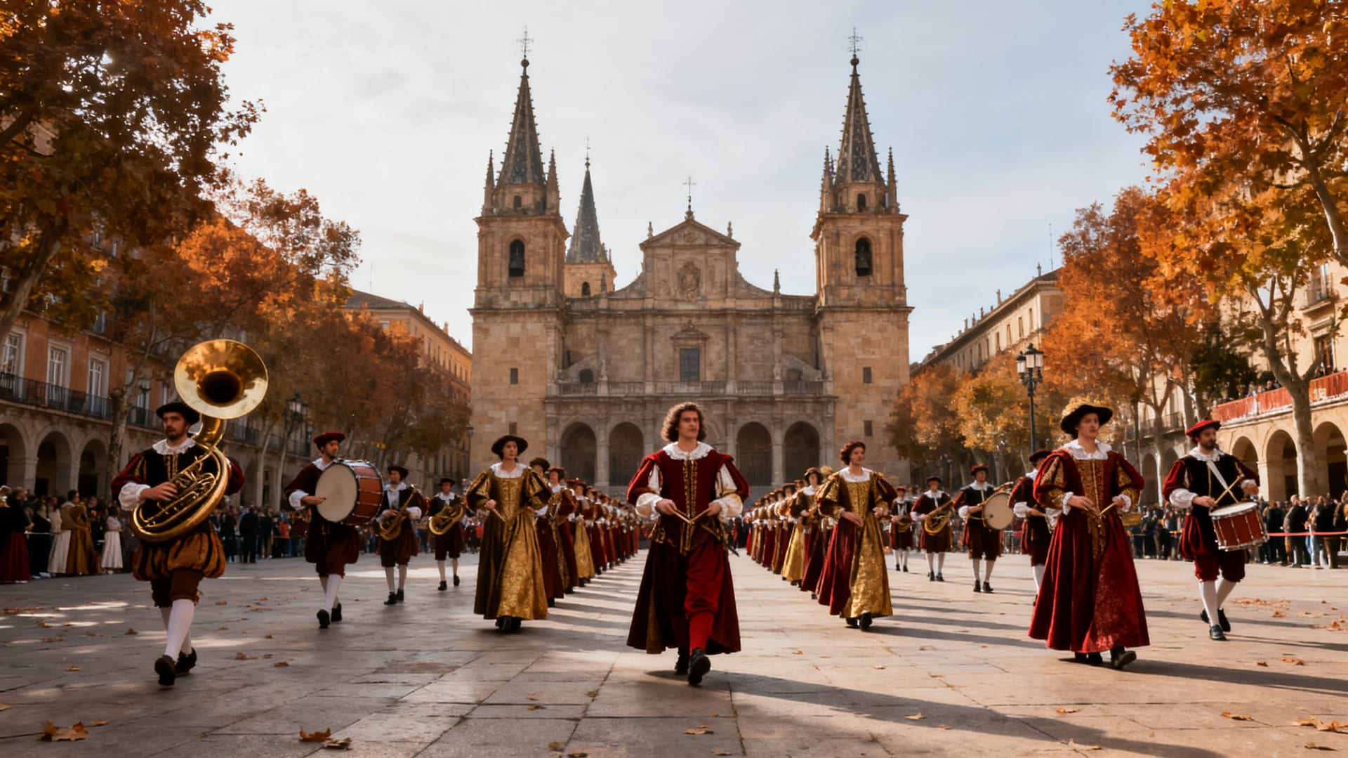 Pasacalles itinerante con zancudos y carrozas cruzando la Plaza Mayor de Valladolid durante las fiestas de la Virgen de San Lorenzo